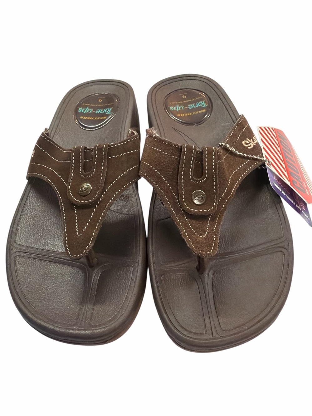 Skechers Tone-ups Thong Slip-in Chocolate Suede Sandals NWT Size 9